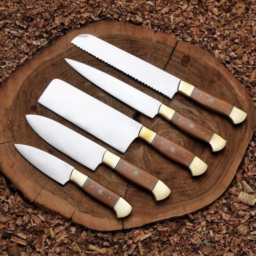 Custom Handmade 5-Piece Chef Knife Set – Carbon Steel Blades with Cow Wood Handles & Leather Bag