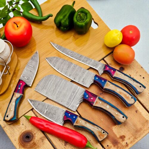 5-Piece Handmade Damascus Chef Knife Set – Chef, Fillet, Cleaver, Paring Knives with Leather Sheath