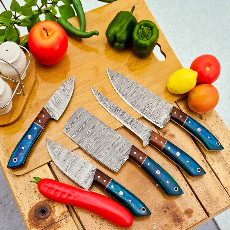 Handmade 5-Piece Damascus Chef Knife Set – Pakkawood & Rosewood Handles with Leather Sheath