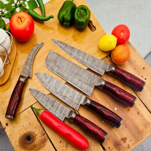 Handmade 5-Piece Damascus Chef Knife Set – Red Pakka wood Handles with Leather Sheath