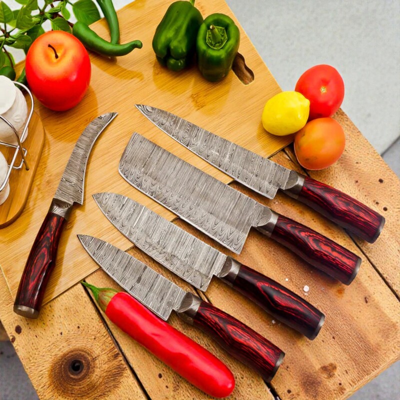 Handmade 5-Piece Damascus Chef Knife Set – Red Pakka wood Handles with Leather Sheath
