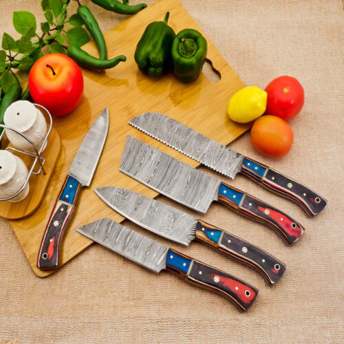 Handmade 5-Piece Culinary Damascus Chef Knife Set – Bread, Chef, Cleaver, Bunka & Paring Knives with Wooden Handles & Leather Sheath