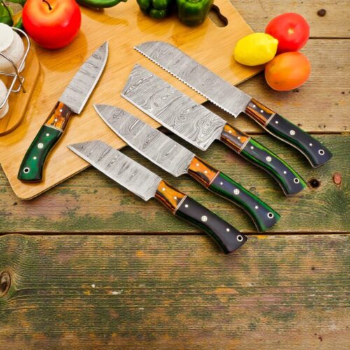 Handmade 5-Piece Culinary Damascus Knife Set – Bread, Chef, Cleaver, Bunka & Paring Knives with Paakawood Handles & Leather Sheath