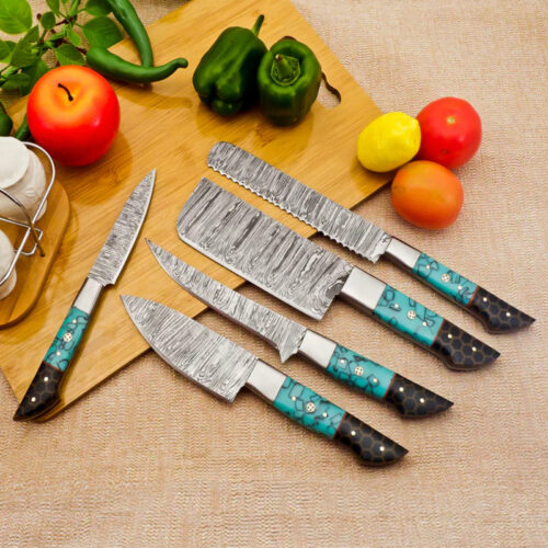 Handmade 5-Piece Culinary Damascus Knife Set – Bread, Fillet, Cleaver, Chef & Paring Knives with Resin Handles & Leather Sheath