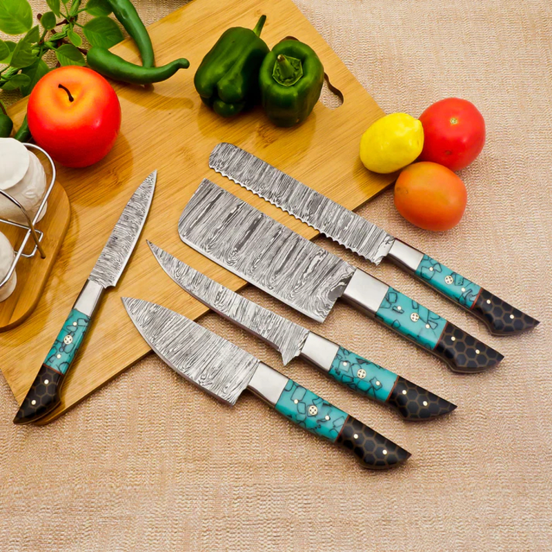Handmade 5-Piece Culinary Damascus Knife Set – Bread, Fillet, Cleaver, Chef & Paring Knives with Resin Handles & Leather Sheath Handmade 5-Piece Culinary Damascus Knife Set – Bread, Fillet, Cleaver, Chef & Paring Knives with Resin Handles & Leather Sheath