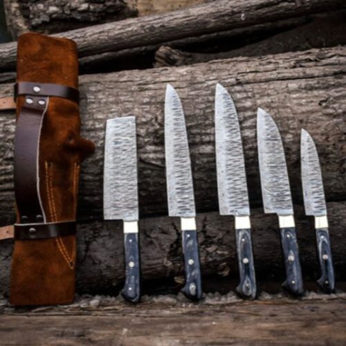 Hand-Forged Damascus Steel Chef Knife Set – 5 Piece Kitchen Knives with Dollar Sheet Handles & Leather Roll Bag