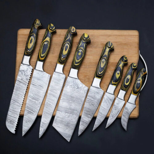 Handmade 8-Piece Culinary Damascus Kitchen Knife Set – Chef, Utility, Cleaver Knives with Wood Handles