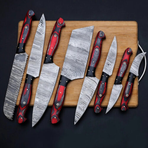 Handmade 8-Piece Culinary Damascus Chef Knife Set – Wood Handles for Kitchen & Thanksgiving Gifts