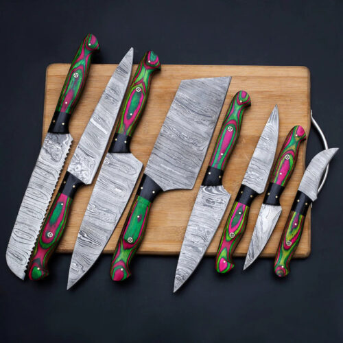 Hand-Forged 8-Piece Damascus Chef Knife Set – Wood Handles with Kitchen Utility & Cleaver Knives