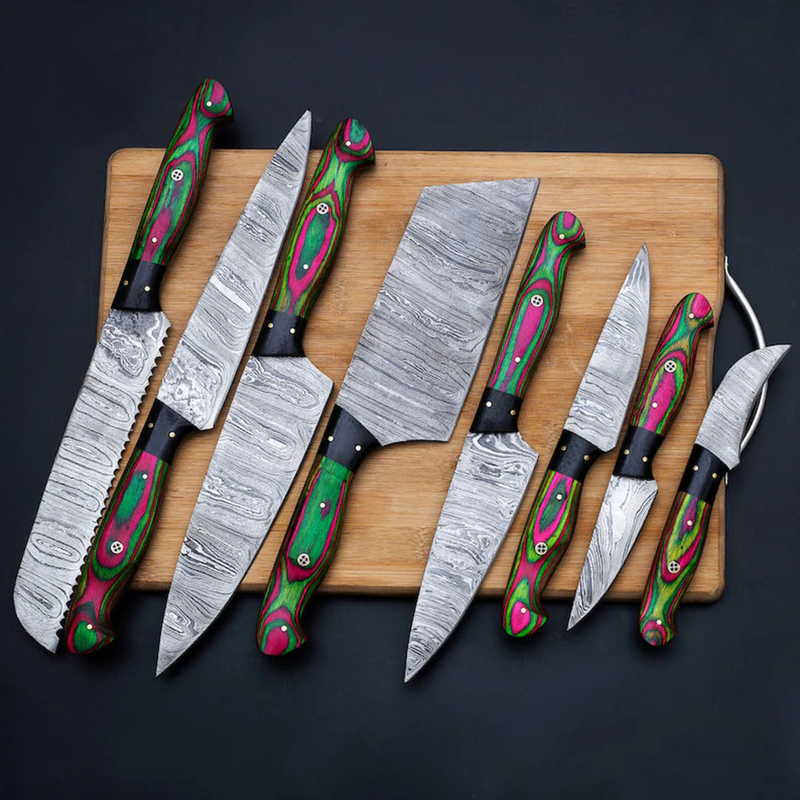 Hand-Forged 8-Piece Damascus Chef Knife Set – Wood Handles with Kitchen Utility & Cleaver Knives