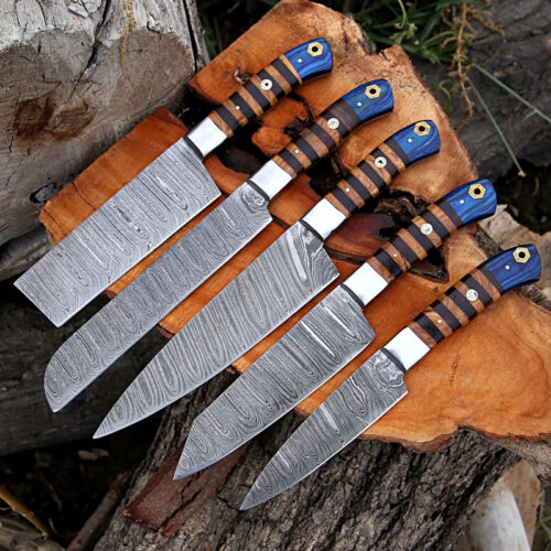Handmade 5-Piece Culinary Damascus Chef Knife Set – Pakka Wood Handles with Leather Roll for Home & Professional Kitchens
