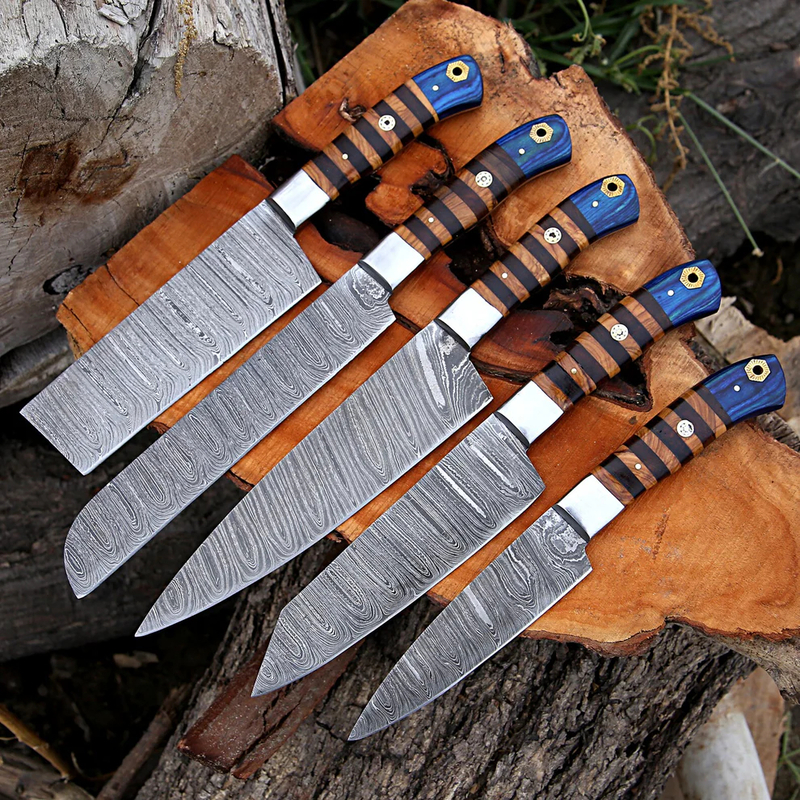 Handmade 5-Piece Culinary Damascus Chef Knife Set – Pakka Wood Handles with Leather Roll for Home & Professional Kitchens Handmade 5-Piece Culinary Damascus Chef Knife Set – Pakka Wood Handles with Leather Roll for Home & Professional Kitchens