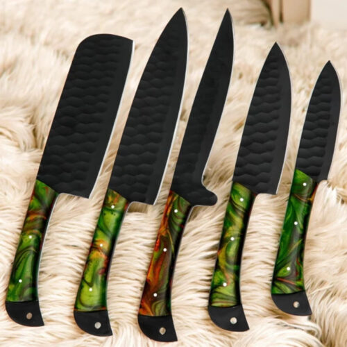 Handcrafted D2 Steel Chef Knife Set – 5 Piece Kitchen Knives with Green Resin Handles & Leather Roll Bag