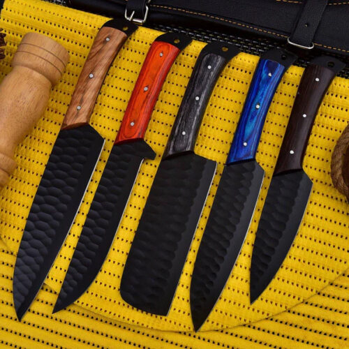 Hammered Black 5-Piece Culinary Chef Knife Set – Kitchen Knives with Ergonomic Wood Handles