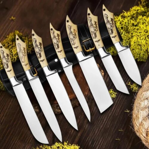 Custom 7-Piece Culinary Chef Knife Set – Engraved Camel Bone Handles with Leather Roll Case
