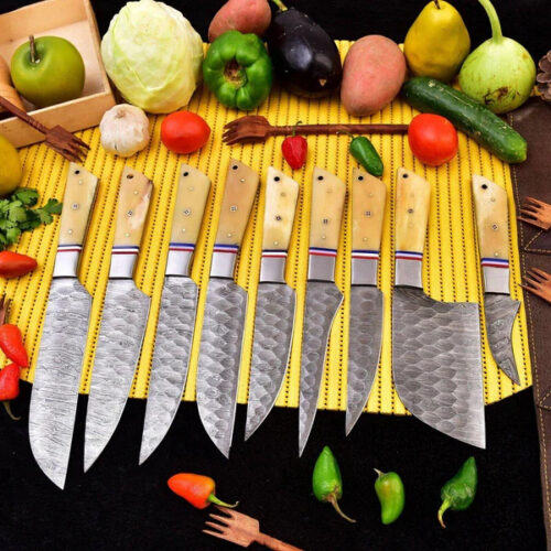Artisan 9-Piece Damascus Culinary Knife Set – Camel Bone Handles with Leather Roll
