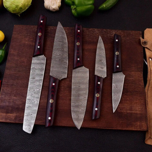 Hand-Forged 7-Piece Damascus Culinary Knife Set – Micarta Handles with Leather Roll