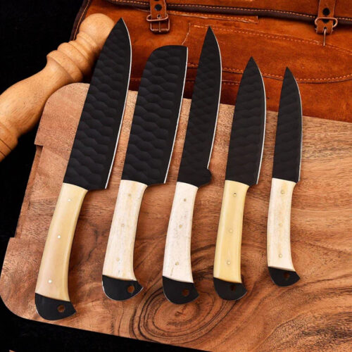 Full Tang Handmade Chef Knife Set – High Carbon Steel with Camel Bone Handles full tang chef knives, handmade high carbon steel, camel bone handle knives, professional kitchen set, hand-forged chef knives