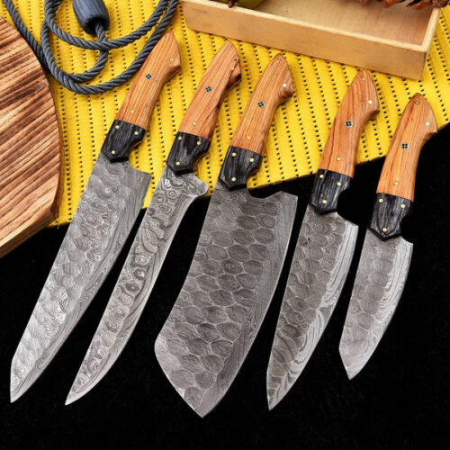 Olive Wood Handle 5-Piece Handmade Damascus Chef Knife Set – Premium Full Tang Kitchen Knives