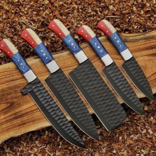 Patriotic USA Flag Handle Chef Knife Set – Handmade Carbon Steel Kitchen Knives with Black Coated Finish