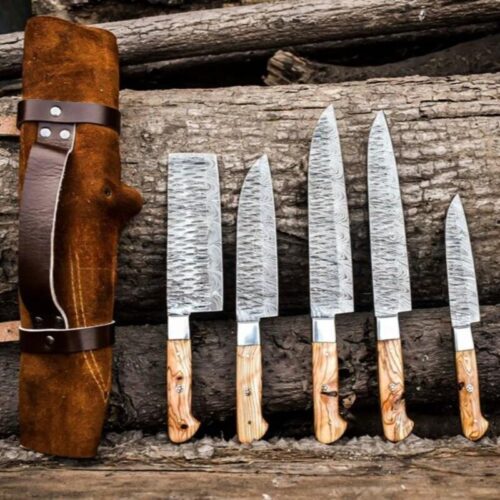 Hand-Forged 5-Piece Damascus Steel Chef Knife Set – Wood Handles with Leather Roll Bag