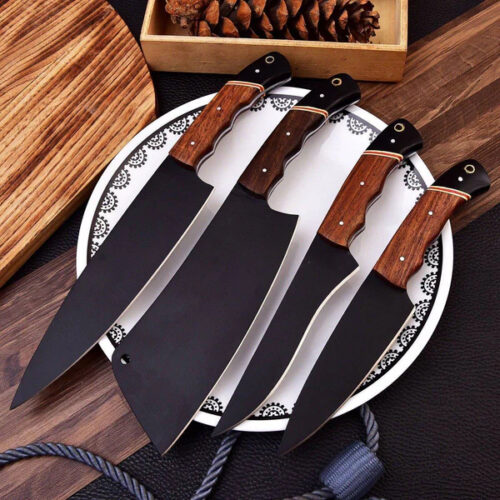Hand-Forged Carbon Steel Chef Knife Set – Wooden Handle | Artisan Kitchen Set | Wedding Gift