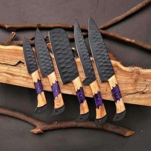 5-Piece Hand-Forged Culinary Hammered Steel Knife Set – Wood & Resin Handles with Leather Roll