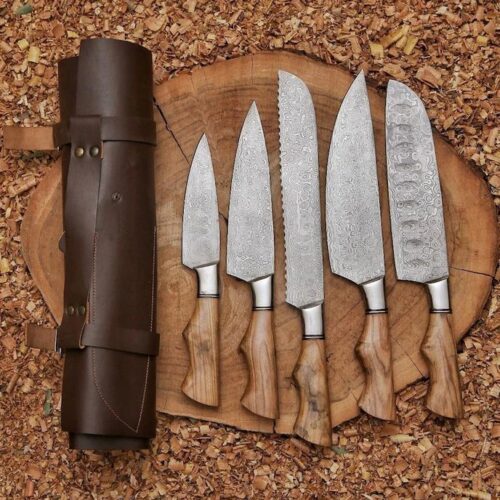 Handmade 5-Piece Damascus Chef Knife Set – Paring, Utility, Chef, Bread & Cleaver with Leather Roll