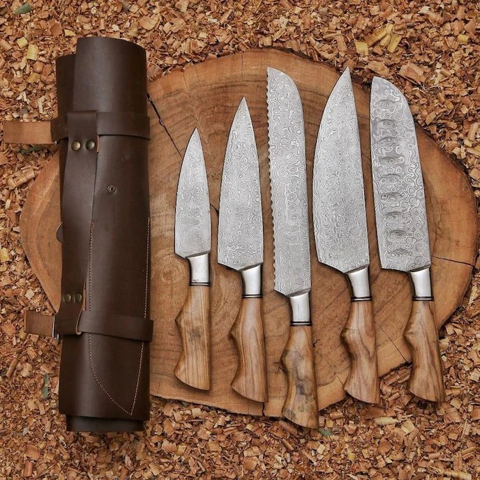 Handmade 5-Piece Damascus Chef Knife Set – Paring, Utility, Chef, Bread & Cleaver with Leather Roll Handmade 5-Piece Damascus Chef Knife Set – Paring, Utility, Chef, Bread & Cleaver with Leather Roll