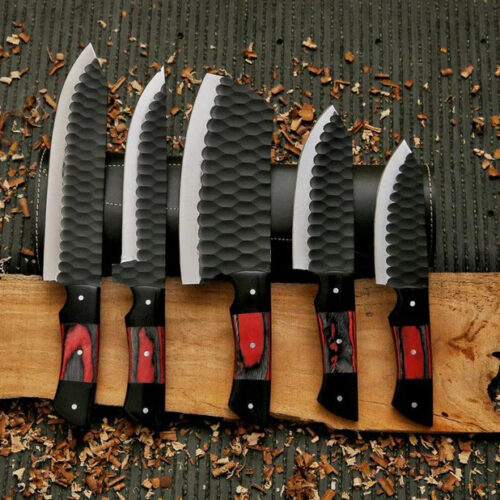 Hand-Forged 5-Piece Hammered Steel Chef Knife Set – Pakkawood Handles with Kitchen Master Collection