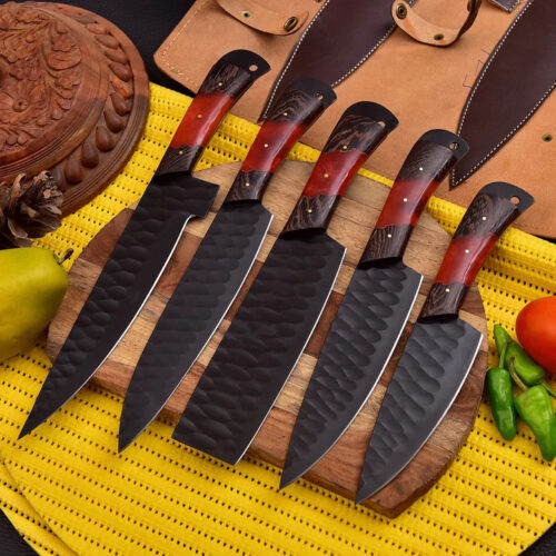 Hand-Forged 5-Piece Chef Knife Set – Resin & Wood Handles with Black Hammered Blades