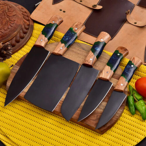 Handcrafted 5-Piece Kitchen Knife Set – Resin & Olive Wood Handles with Black-Coated Blades