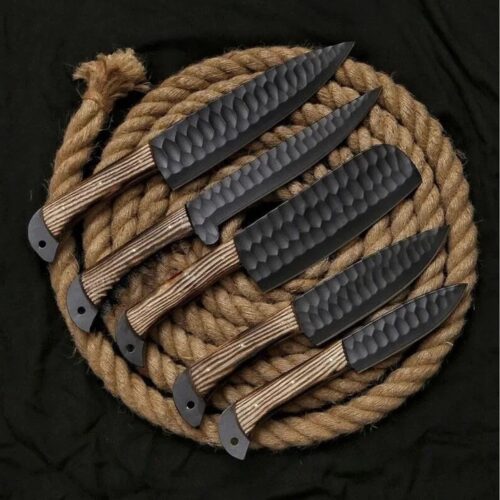 Hand-Forged 5-Piece Damascus Steel Chef Knife Set – Honeycomb Pattern Wood Handles