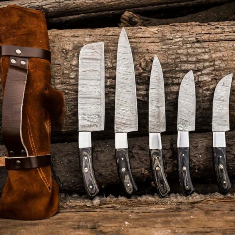Hand-Forged 5-Piece Damascus Steel Chef Knife Set – Wood Handles with Leather Roll Bag Hand-Forged 5-Piece Damascus Steel Chef Knife Set – Wood Handles with Leather Roll Bag