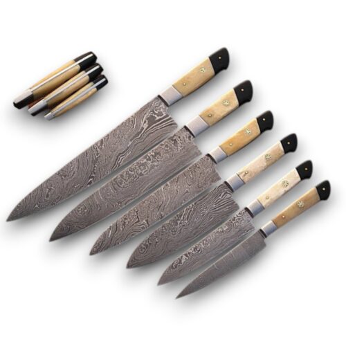 Hand-Forged 7-Piece Damascus Chef Knife Set – Camel Bone Handles & Full Tang Blades