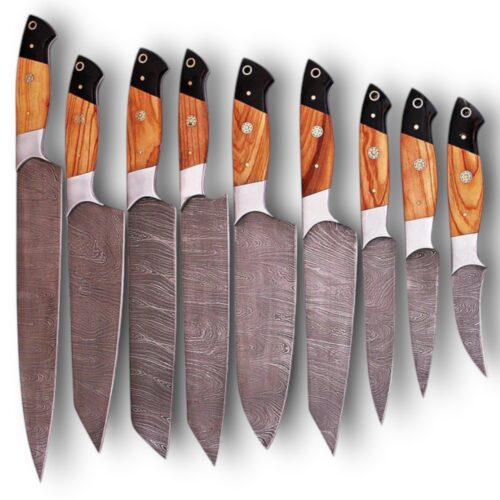 9 Pieces Custom Damascus Steel Kitchen Knife Set – Olive Wood Handle with Full Tang Blades