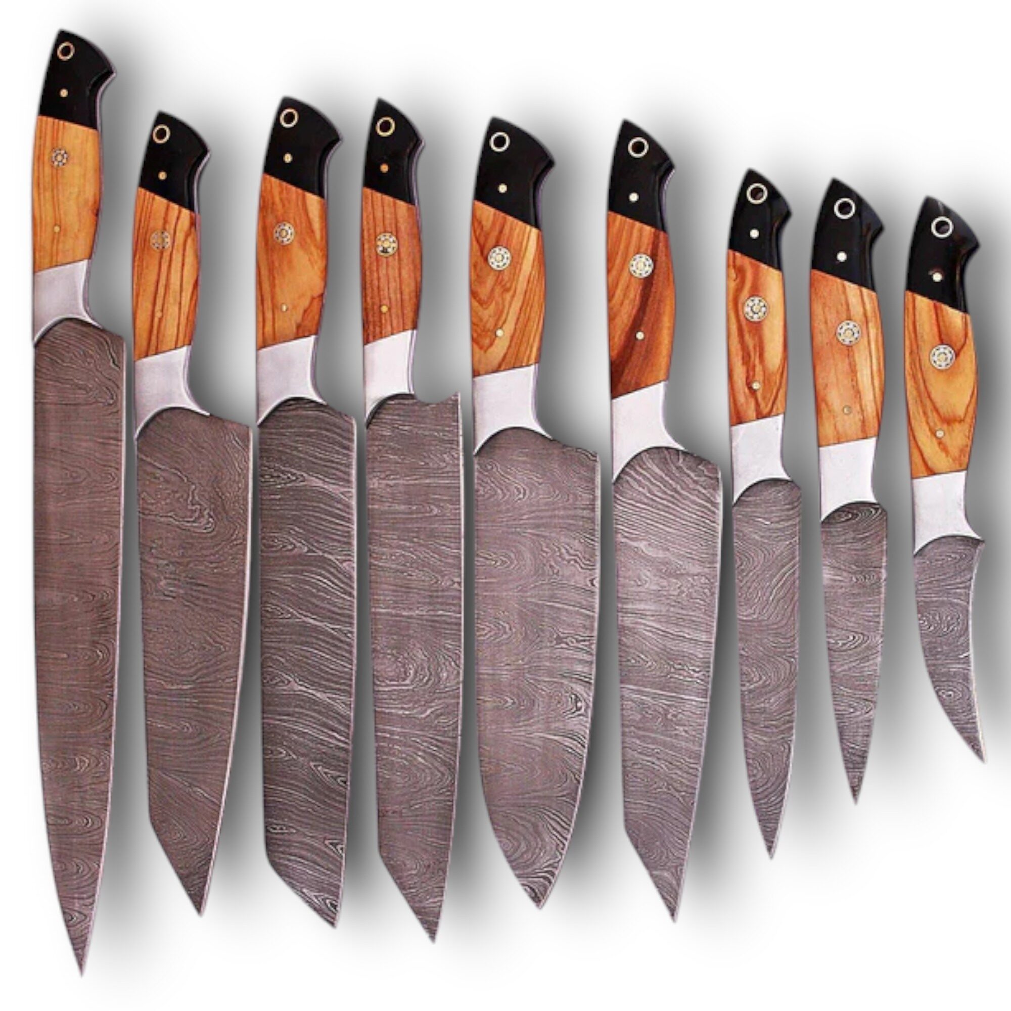 9 Pieces Custom Damascus Steel Kitchen Knife Set – Olive Wood Handle with Full Tang Blades 9 Pieces Custom Damascus Steel Kitchen Knife Set – Olive Wood Handle with Full Tang Blades