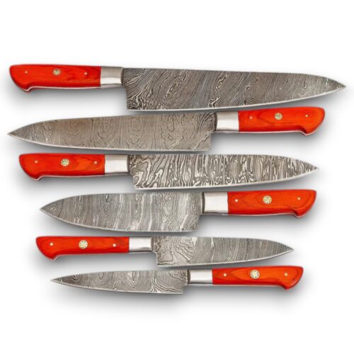 Red Resin Handle 7-Piece Damascus Chef Knife Set – Hand-Forged with Leather Roll