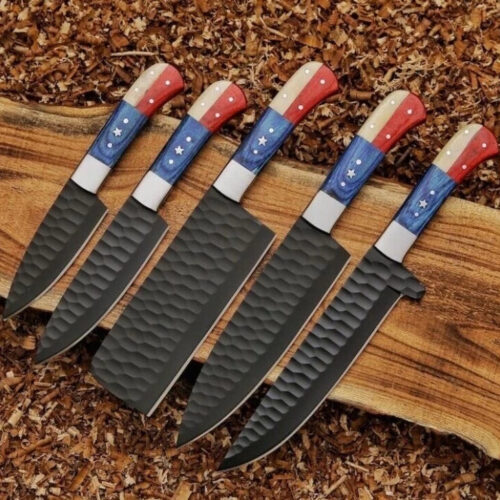 Hand-Forged D2 Steel Chef Knife Set – 5 Piece Texas Flag Style Kitchen Knives with Wood & Camel Bone Handles