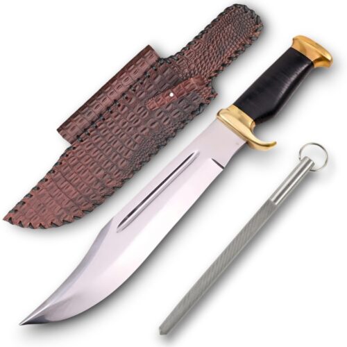 USA Dundee Full Black Handle Bowie Knife 440C Steel Mirror Polish Full Tang | Utility Knife Historic Inspiration USA Knives Outdoor Knives Black Leather Sheath HRc 58