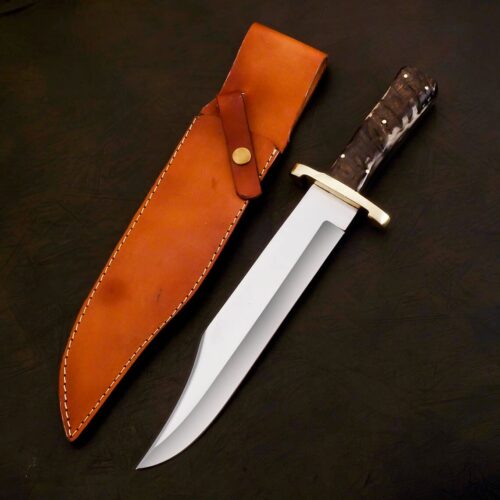 USA Coffin Handle Bowie Knife 440C Steel 17" Clip Point | Utility Knife Historic Inspiration USA Knives Outdoor Knives Ram Horn Handle Leather Sheath Classic Edition