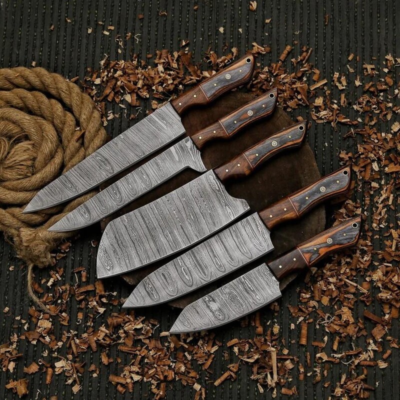 Handmade 5-Piece Damascus Chef Knife Set – Pakka Wood Handles with Leather Roll Bag