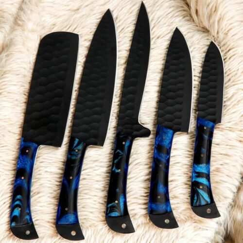 Hand-Forged D2 Steel Chef Knife Set – 5 Piece Kitchen Knives with Blue Resin Handles & Leather Roll Bag