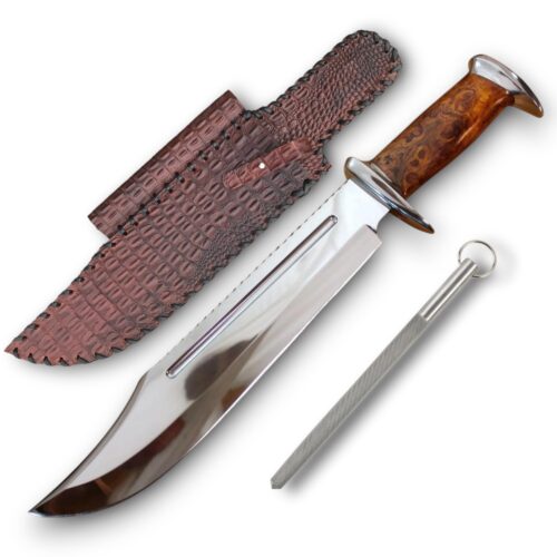 USA historical replica Bowie knife 17 inch 440C stainless steel hollow grind blade blood groove walnut wood handle steel guard pommel leather sheath hunting EDC knife full view