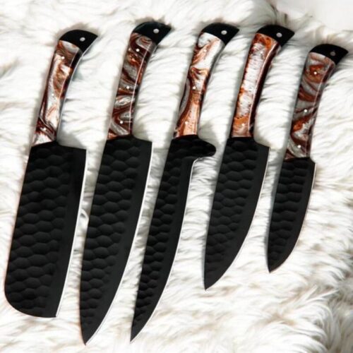 Heavy-Duty Culinary Kitchen Knife Set – 5 Piece Handcrafted D2 Steel Chef Knives with Resin Grip & Leather Roll