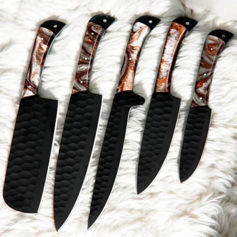 Heavy-Duty Culinary Kitchen Knife Set – 5 Piece Handcrafted D2 Steel Chef Knives with Resin Grip & Leather Roll