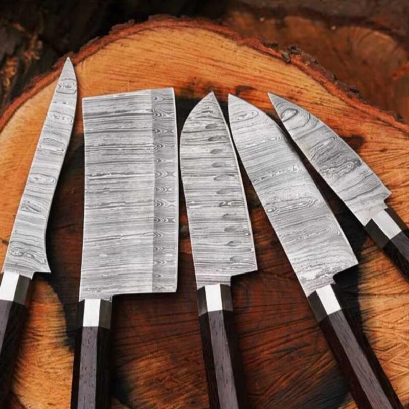 5-Piece Culinary Chef Knife Set – Damascus Steel Blades with Wenge Wood Handles & Leather Roll - Image 2