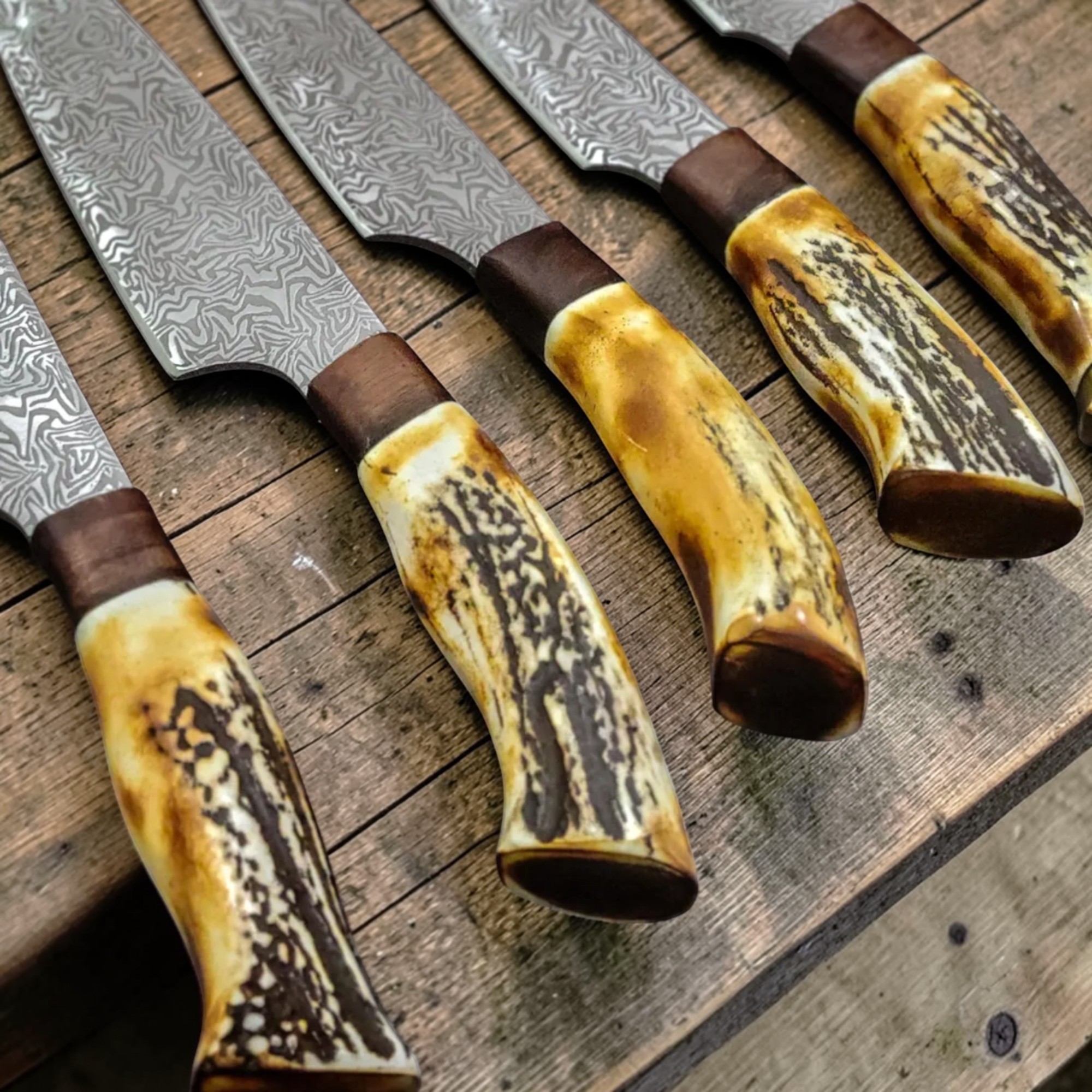 Luxury Damascus Culinary Chef Knife Set Handmade Kitchen Knives with Antler & Brass Handles - Image 2