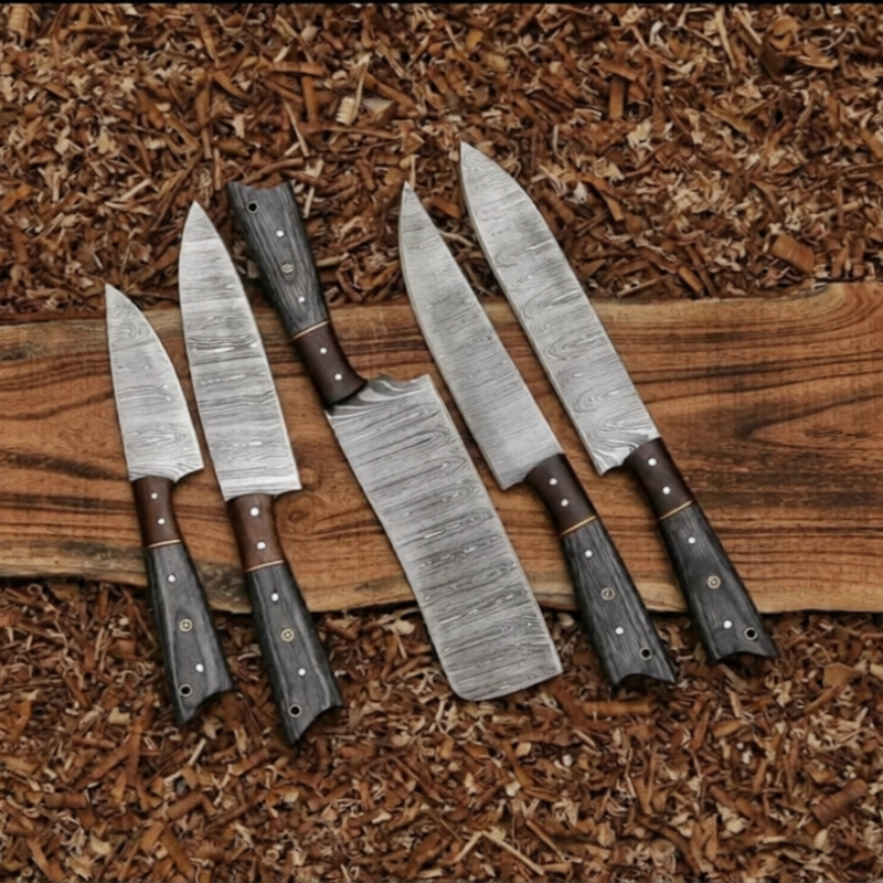 Handmade 5-Piece Damascus Culinary Chef Knife Set – Wood Handles with Leather Roll Bag - Image 2
