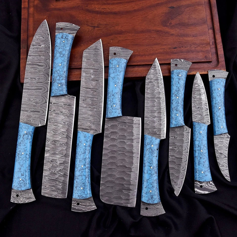 Custom Handmade Culinary Chef Knife Set – 8 Piece Damascus Kitchen Knives with Turquoise Resin Handles & Leather Bag Custom Handmade Culinary Chef Knife Set – 8 Piece Damascus Kitchen Knives with Turquoise Resin Handles & Leather Bag - Image 2